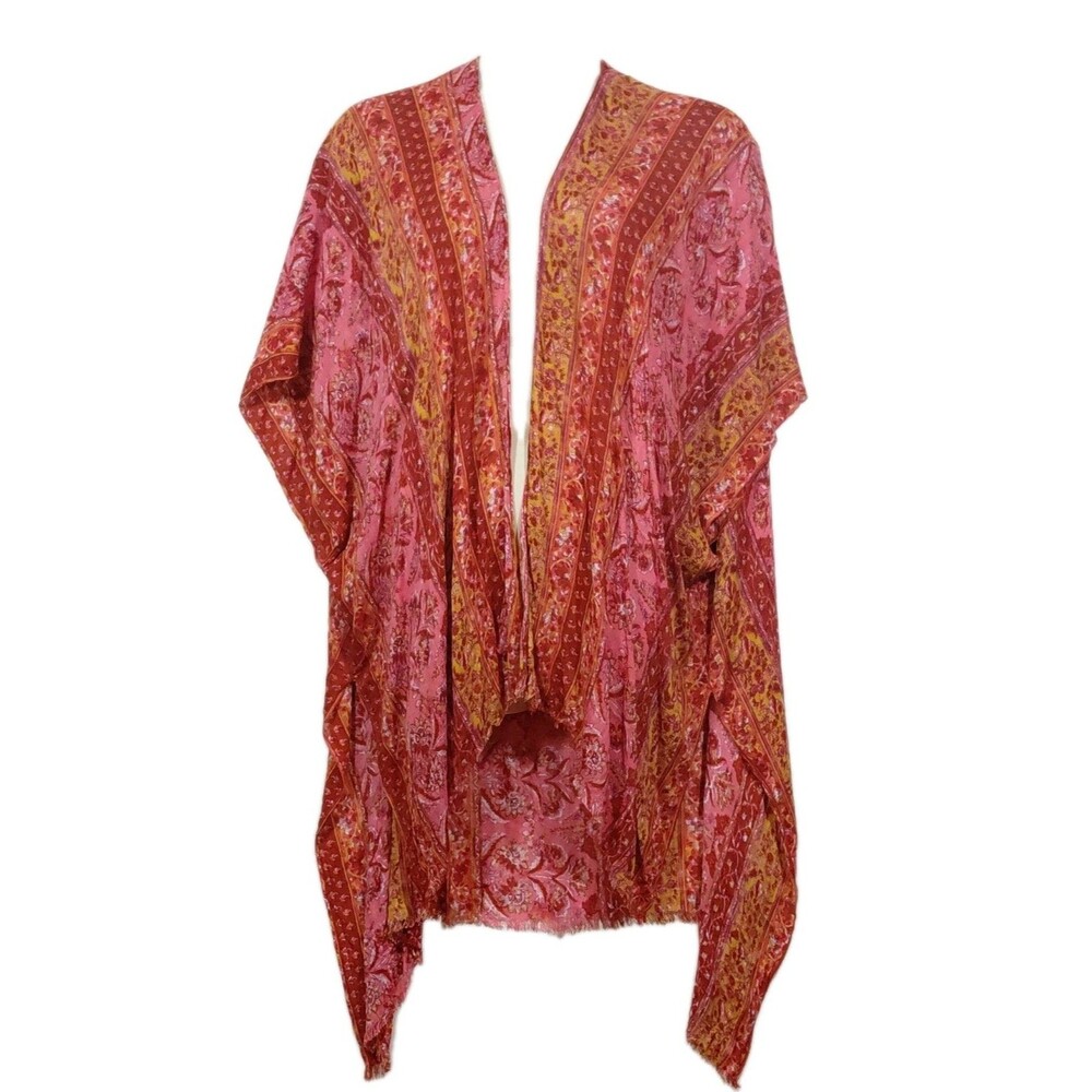 American Eagle Open Front Dolman Sleeve Pink Red Paisley Duster Kimono One Size